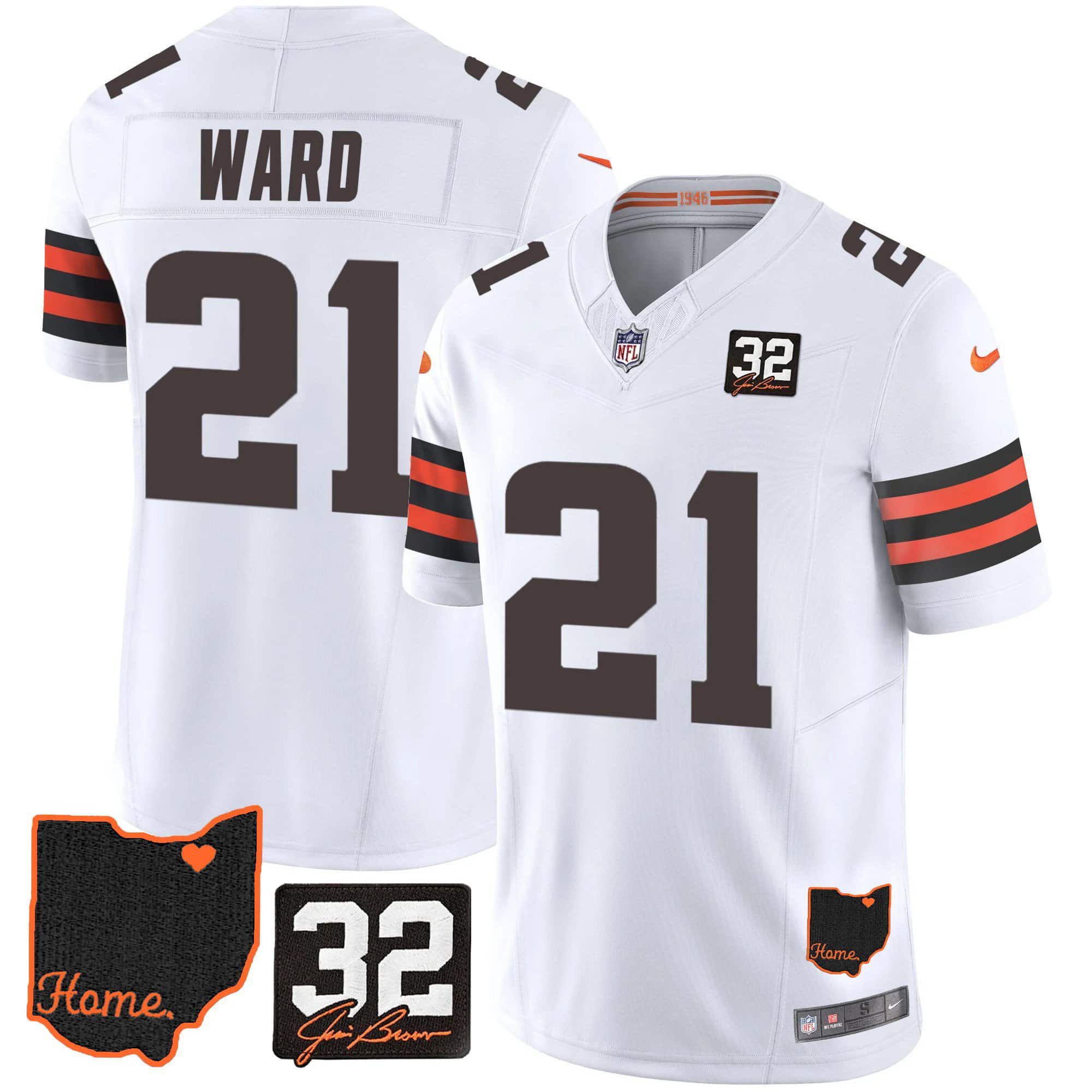 Men Cleveland Browns 21 Ward White Memorial Home Patch 2024 Nike NFL Jersey